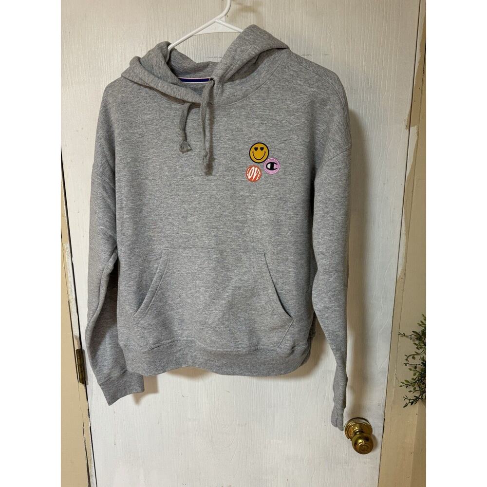 Champion Hoodie Grey Size Small Vintage Style Smiley Face Love Patches